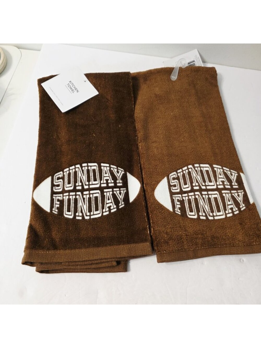 2 Brown Cotton Kitchen Towels Sunday Funday Football Themed Decor